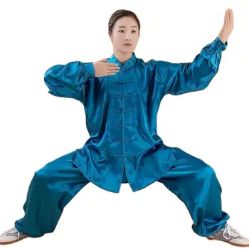 Geleneksel Çin giyim seti Erkekler Kadınlar Saten Samuray Üst Pantolon Tang Takım Elbise Setleri Tai Chi Kung Fu Üniforma Performans Kostümleri