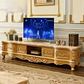 Avrupa tarzı TV dolabı, Amerikan tarzı villa oturma odası, altın ve gümüş ile boyalı, zemin dolabı, masif ahşap oyma