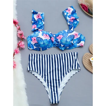 Yeni Çiçek Çizgili Yüksek Bel Bikini Push Up Mayo Kadın Mayo Kadın İki adet bikini seti Yıkanabilir Mayo Yüzmek K3241