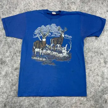 VİNTAGE Pamuk Grove Gömlek Erkek Büyük Mavi Grafik Baskı Doğa Geyik Açık 90 s