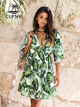 CUPSHE Tropikal Yaprak İpli Mini Cover Up Elbise Kadınlar İçin Seksi V Yaka Yarım Kollu Plaj Tunik Bikini Yüzmek Cover Up Beachwear