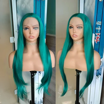 FANXİTİON Yeşil sentetik saç Peruk Uzun Doğal Düz Dantel ön peruk Kadınlar için ısıya dayanıklı iplik Saç Cosplay Kostüm Peruk