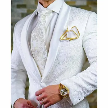 Zarif Düğün Blazer Beyaz Jakarlı Kumaş Düzenli Uzunluk Beyler Kıyafetler Şal Yaka Tek Göğüslü 2 Parça Ceket Pantolon