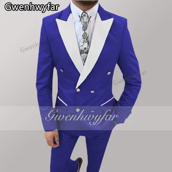 Gwenhwyfar 2022 Kraliyet Mavi slim fit uzun kollu erkek gömlek Takım Elbise 3 Parça Smokin Terno Erkek Damat Düğün Balo Kostüm Beyaz Sivri Yaka