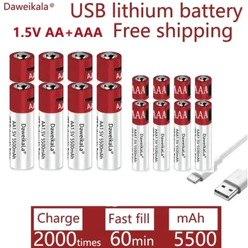 AA + AAA yeni büyük kapasiteli 5500mah şarj edilebilir lityum iyon batarya AA 1.5 V USB hızlı şarj lityum iyon batarya aaa pil