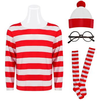 Ebeveyn-Çocuk Karikatür Nerede Wally Waldo Kostüm Waldo Kitap Haftası Cosplay Kıyafet Şerit Gömlek Şapka Gözlük Seti