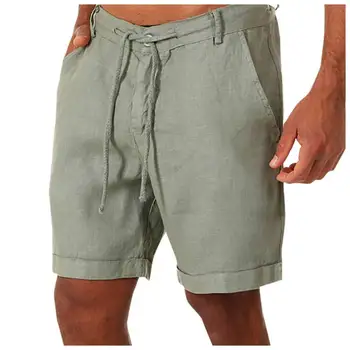 Yeni Rahat Erkek Moda Pamuk Keten Şort İpli Bel Düz Renk Plaj Kurulu Nefes Pantolon Erkek Keten kısa pantolon