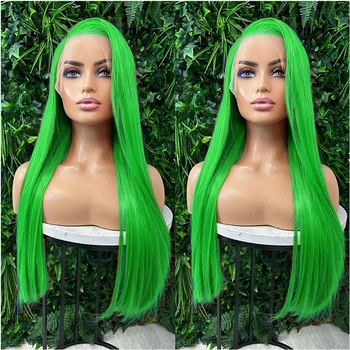 FANXİTİON yeşil uzun düz sentetik sırma ön peruk doğal saç çizgisi dantel ön sentetik peruk ısı Fiber saç Cosplay peruk