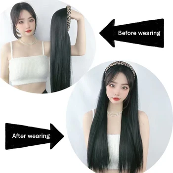 Saç Çember Peruk Kadın Uzun Saç All-İn-One Peruk Seti Kore Versiyonu Moda Siyah Uzun Düz Saç Uzun Kıvırcık Saç