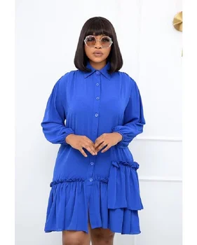 Ilkbahar ve Sonbahar Moda Yeni Düzensiz Gevşek Yaka Uzun Kollu Düğme Pilili Rahat Gömlek A-Line Katı Elbise