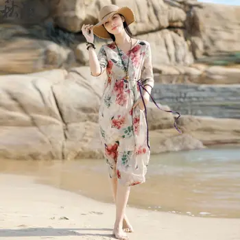 2023 Yaz Retro Edebi V Yaka Çiçek Plaj Elbise kadın Gevşek İnce Kravat Bel Uzun Etek