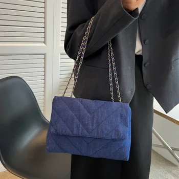 Vintage omuzdan askili çanta Kadınlar için Denim Mavi Elmas postacı çantası Büyük Kapasiteli Çalışma Çalışma Sokak Tote Çanta Çantalar ve Çanta