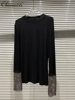 Kadın Giyim Elastik Slim Fit Ekip Boyun siyah tişört 2023 Bahar Yeni yapay elmas ağ Dikiş Uzun Kollu Gömlek Kadın