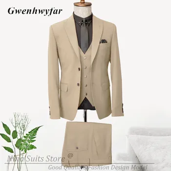 G & N Resmi Haki Erkek Takım Elbise Altın Düğme Kruvaze Yelek Tepe Yaka Blazer Slim Fit Pantolon 2023 Genç Erkek Ofis Takım Elbise 3 Adet