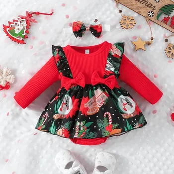 Yenidoğan Bebek Kız Tulum Sonbahar Noel Kostüm Moda Uzun Kollu Baskı Tulum Tulum Bodysuits ve Tek parça Yeni Yıl için