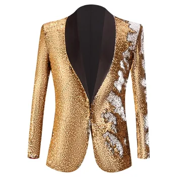 Açık Altın Pullu Bir Düğme Şal Yaka Takım Elbise Ceket Erkekler Glitter Gece Kulübü Balo DJ Blazer Ceket Erkekler Düğün