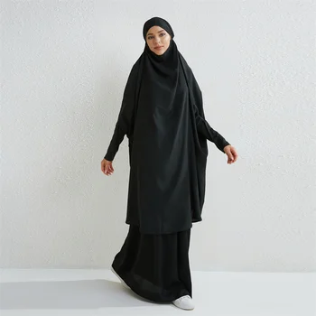 Müslüman Setleri İki Adet Uzun Kapşonlu Büzgü Kollu Gömlek Başörtüsü Namaz Giyim Gevşek Maxi Etekler Elastik Bel Kadınlar Abaya Setleri