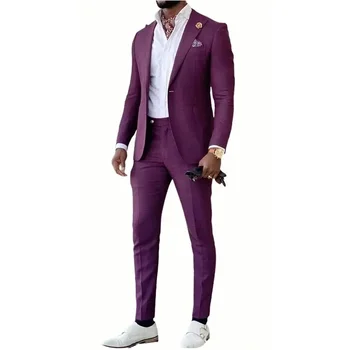 Rahat Erkek Takım Elbise Mor Bir Düğme Tek Göğüslü Tepe Yaka Sıska 2 Parça Ceket Pantolon Günlük Dış Giyim Slim Fit Özelleştirilmiş Set