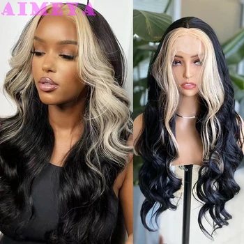 AİMEYA Siyah peruk Sarışın Vurgular Uzun Vücut Dalga dantel ön peruk Tutkalsız Sentetik Saç Peruk Kadınlar için Günlük Kullanım Cosplay