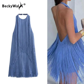 Seksi Backless Püsküller Kadınlar Mini Elbise Gevşek Mavi Halter Kolsuz A-Line Akşam Parti Elbiseler Kadın Yaz Vestido WF368
