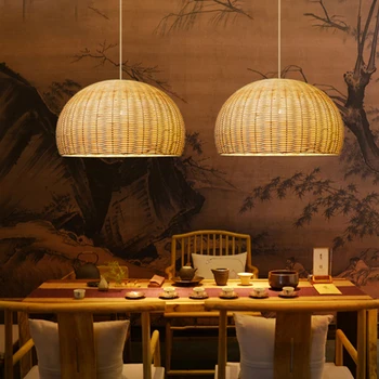 ZK50 Rattan Dekoratif Avize Rattan Sanat Dokuma Bambu Lamba Gölge Restoran Yatak Odası Çin Tarzı Aydınlatma Armatürleri E27