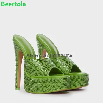 Yeşil Kristal Ince Yüksek Topuk Terlik Kadın Kadın Yaz Platformu Peep Toe Slip-on Sığ Moda Zarif Dış Ayakkabı