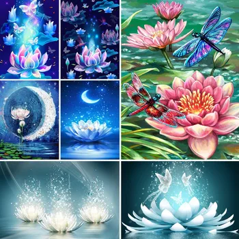 Yeni DİY Elmas Boyama Çapraz Dikiş Parlayan Lotus Nilüferler Soyut Çiçek Tam Elmas Nakış Taklidi Mozaik Dekor