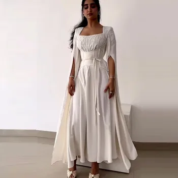 BridalAffair Kare Boyun Backless Akşam Resmi Suudi Arabistan Saten Parlama Kollu Parti Elbiseler Törenlerinde Kadın Elbiseler de Soirée 2023