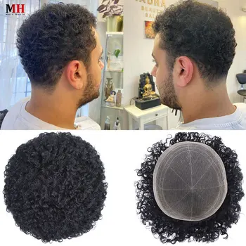 Dantel PU Kinky Kıvırcık erkek peruğu İnce Deri poli insan saçı Erkek Protez Peruk Değiştirme Sistemi Doğal Siyah 8x10