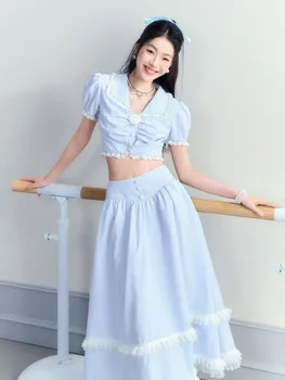 Kadınlar 2023 Yeni Yaz İki 2 Parça Set Vintage Kore Tarzı Zarif Püskül Kısa Kollu Bluz + Yüksek Bel Midi Etek Takım Elbise