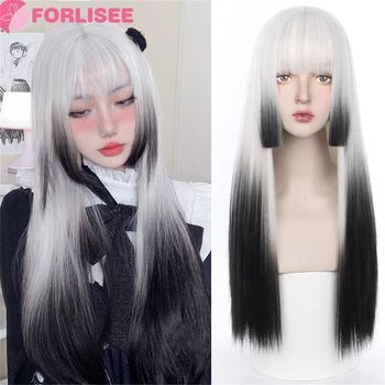 FORLISEE Lolita Peruk kadın Uzun Saç Doğal Tam Kulaklık 2023 Moda Yeni Yuvarlak Yüz Beyaz Boyalı Siyah Uzun Düz saç Peruk