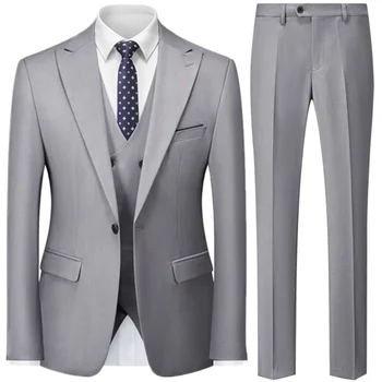 Erkek Düz Renk takım elbise Setleri Ceket / 2023 Erkek Düz Renk Rahat 3 Adet Düğün Balo Elbise Blazers Ceket Yelek Pantolon