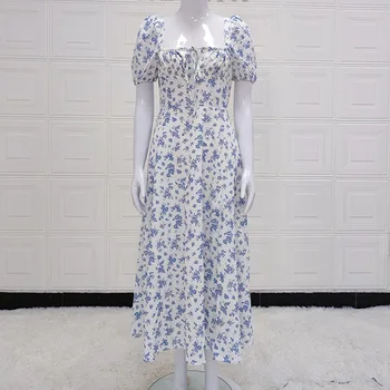 Kadın Fransız Kabarcık Kollu Baskı Çiçek Elbise Kısa Kollu Yan Bölünmüş Düzensiz Elbiseler 2023 Yaz Grace Tatlı Vestidos