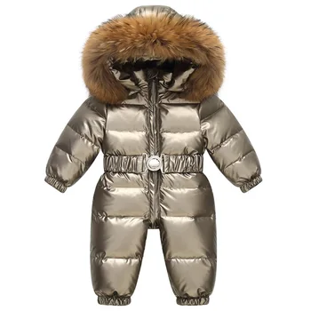 Rusya Kış Çocuk Snowsuit Parlak Altın Gümüş Açık Ördek Aşağı Tulum Büyük Kürk Yaka Giyim Toddler Bebek Genel Tulum