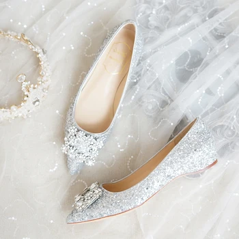 Düğün Ayakkabı Kadın Kare Toka Kristal Sivri Burun Flats Glitter Sığ Kayma Rahat Loafer'lar Bling Bling 34-44 Moccasins