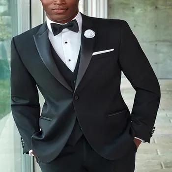 Resmi Siyah Klasik erkek Takım Elbise Düğün İş Parti Özel Slim Fit Smokin En İyi Erkek Tepe Yaka Blazer (Ceket + Yelek + Pantolon)