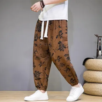 Çin Tarzı erkek pantolonları İlkbahar Yaz İnce Nefes Pamuk Keten pantolon Erkekler harem pantolon Baskılı rahat pantolon bol pantolon Erkekler