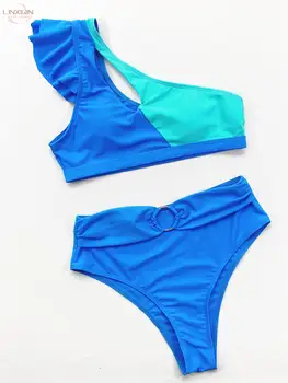 Kadın Mayo Mavi Bikini Moda Yüksek Bel Mayo Patchwork Mayo Üçgen Alt Seksi Mayo Havuzu Plaj Kıyafeti