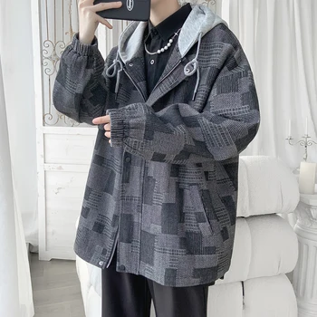 Denim Kapşonlu Ceket Erkekler Moda Patchwork Ekose Ceket Kore Tarzı Streetwear Lüks Marka Giyim