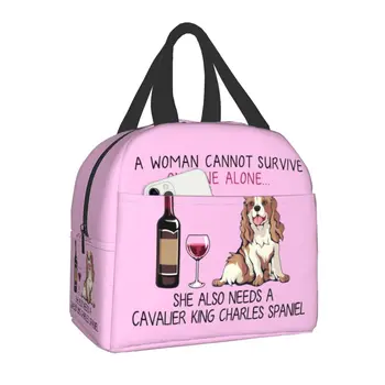 Cavalier King Charles Spaniel Ve Şarap Komik Köpek Yalıtımlı Öğle Yemeği Çantası Su Geçirmez Termal Soğutucu yemek kabı Kadınlar İçin Okul