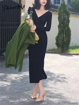 Yitimuceng Örgü Midi Elbise Kadınlar için 2023 Yeni Moda Zarif İnce V Boyun Vintage Elbise Şık Rahat Uzun Kollu Siyah Elbise