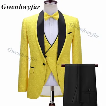 Gwenhwyfar Yeni Tasarlanmış Erkek Takım Elbise 2023 Sarı Çiçek Jakarlı Kostüm İnce Damat Özel 3 Parça Düğün Smokin Masculino Terno