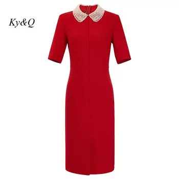 2022 İlkbahar ve Yaz Yeni Şık Boncuklu Yaka Dikiş Kırmızı Elbise Kadınsı Zarif Moda Bel Orta Kollu Elbiseler Kadın
