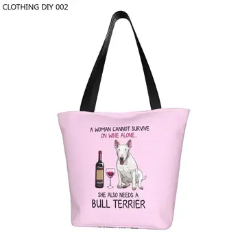 Bull Terrier Ve Şarap Komik Köpek Bakkaliye Alışveriş Çantaları Baskı Tuval alışveriş çantası omuz çantaları Büyük Kapasiteli Pet Köpek Çanta