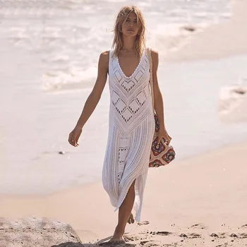 2024 Yeni Bahar ve Sonbahar Örme Plaj Kapak Ups Kolsuz Katı Renk Hollow Out Maxi Sundress Tığ Bikini Mayo