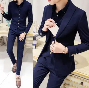 Yeni Varış Kore İnce Erkek Takım Elbise Smokin Resmi Damat Takım Elbise Özel Renk Slim Fit Düğün Takımları 3 Adet (Ceket + Yelek + Pantolon)