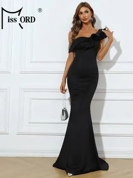 Missord Siyah Uzun Düğün Parti Elbiseler Kadın Bir Omuz Kolsuz Ruffles Bodycon Maxi Mermaid Akşam Elbise Balo elbisesi