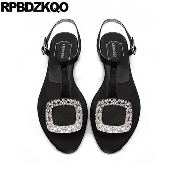Gümüş Ayakkabı Elmas Gelin Kadın Sandalet Düz Yaz 2021 T Kayış Kristal Rhinestone Saten Siyah Pist Süslenmiş Bling Mavi