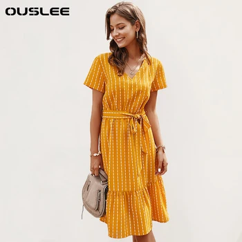 OUSLEE-Kadın Şık Çizgili Elbise, Kısa Kollu, Zarif V Boyun Midi Elbiseler Kanatlı, Ofis Bayan, Yaz
