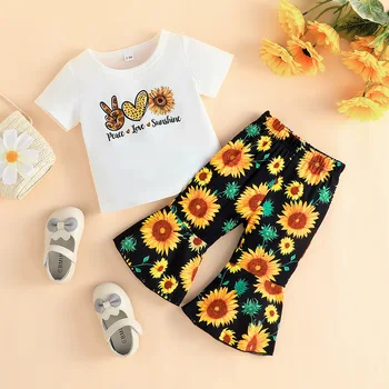 Yaz Yeni Bebek Takım Elbise 0-2 Yaşında Bebek Ayçiçeği tişört Üst + Flare Pantolon İki parçalı Set Bebek Kız Kıyafet Seti